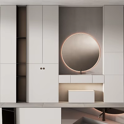 Modern Minimalist Vanity With White Cabinets Round Mirror And Ring Light 3d model