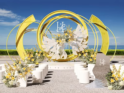 Beach Wedding Ceremony Setup With Yellow Circular Arches And Floral Decorations 3d model