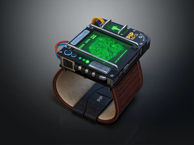 Digital Wristwatch With Green Display And Brown Leather Strap Metal Case 3d model