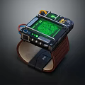 Digital Wristwatch With Green Display And Brown Leather Strap Metal Case