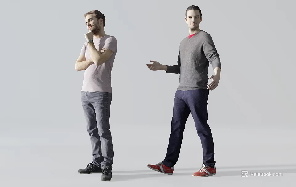 Two Men Thinking And Gesturing In Light Pink T-Shirt Gray Sweater Colored Pants Shoes 3d model 