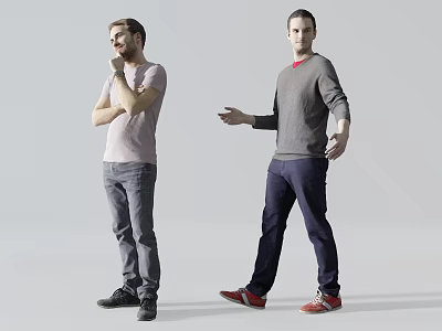 Two Men Thinking And Gesturing In Light Pink T-Shirt Gray Sweater Colored Pants Shoes 3d model