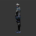 Futuristic Sci Fi Game Character With Silver White Hair Mask And Black Blue Armor Outfit