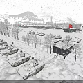 Snowy Mountain Camp Landscape With Watchtower Red Flags And Vehicles On Snowy Ground