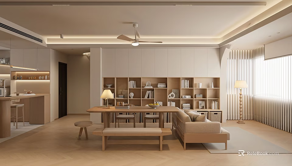 Minimalist Living Dining Room Interior With Wooden Table Sofa Bookshelf And Floor Lamp 3d model 