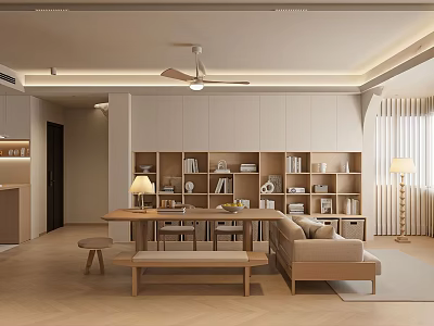 Minimalist Living Dining Room Interior With Wooden Table Sofa Bookshelf And Floor Lamp 3d model