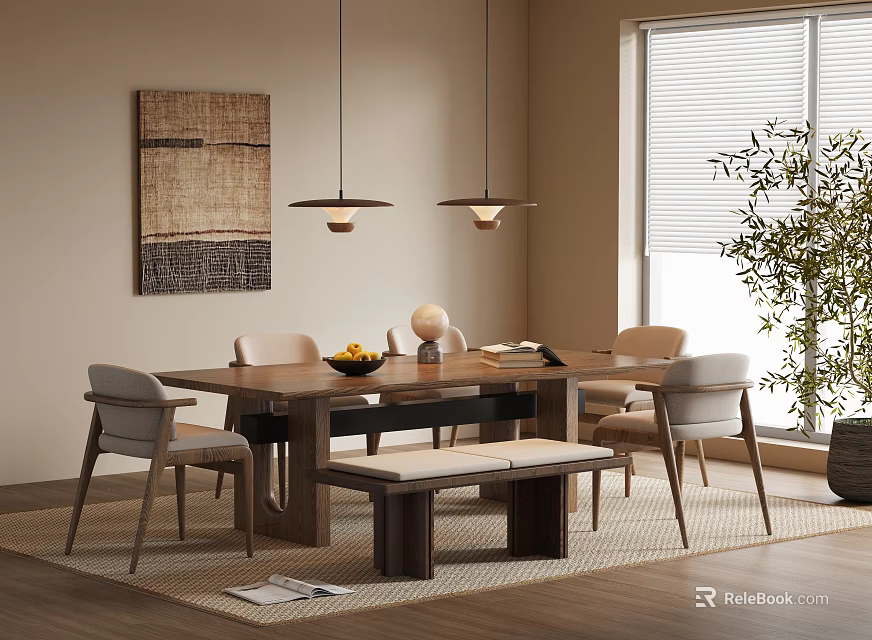 Modern Dining Table Set Interior With Chairs Bench Pendant Lights Wall Art And Potted Plant 3d model 
