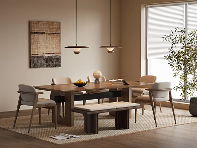 Modern Dining Table Set Interior With Chairs Bench Pendant Lights Wall Art And Potted Plant 3d model