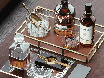 Stylish Wine Bottles And Glasses With Bar Accessories On Tray 3d model