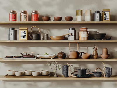 Tea Sets Collection Featuring Teapots Teacups Bowls And Jars On Wooden Shelves 3d model