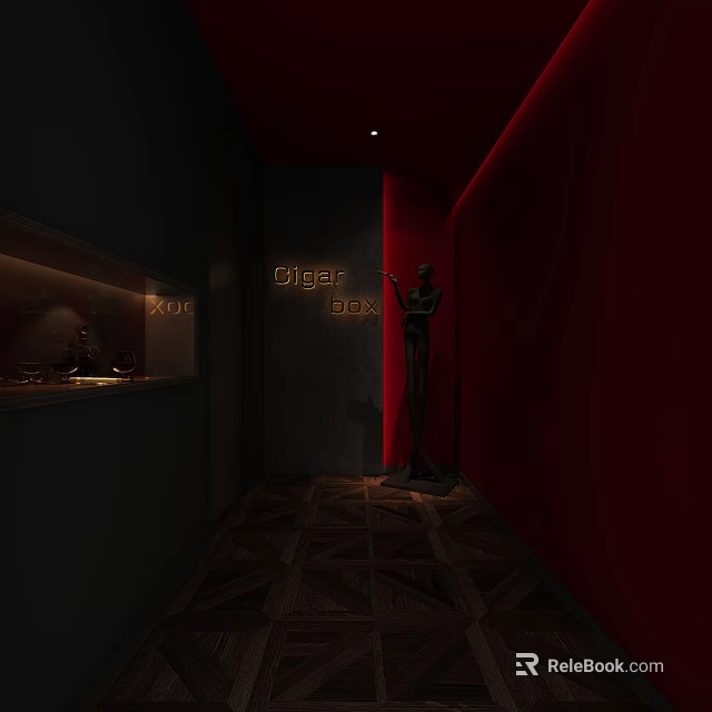 Cigar Bar Lounge Interior With Dark Decor Red Walls Elegant Statue And Patterned Floor 3d model