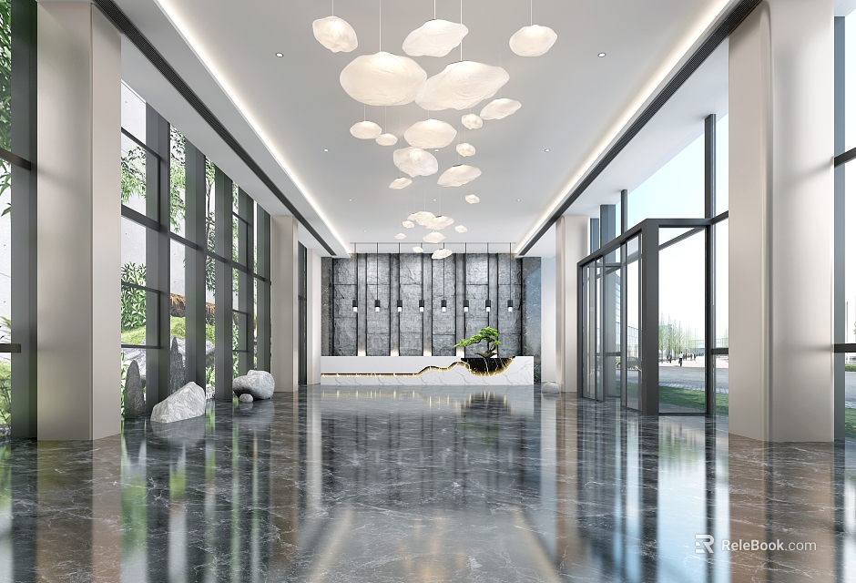 Modern Hotel Lobby Featuring White Cloud Shaped Pendant Lights Shiny Marble Floor And Large Windows 3d model 