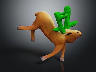 Cartoon Brown Deer Figurine With Green Cactus Shaped Antlers And Lifted Hind Legs 3d model