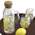 Fresh Lemon Water in Glass Bottle with Ice Cubes and Glasses on Wooden Tray