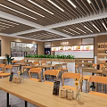 Modern Restaurant Interior With Wooden Counter Tables Chairs Green Plants And Menu Screens