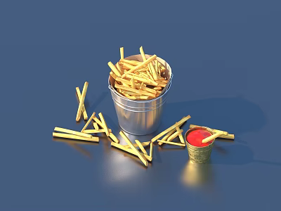 Golden French Fries in Metal Bucket with Ketchup Cup and Scattered Pieces 3d model