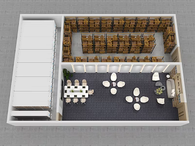 Birds Eye View Of Interior Space Layout With Shelves Tables Chairs And Seating Zones 3d model