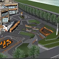 Modern Urban Plaza Landscape With Green Plants People Walking And Leisure Areas