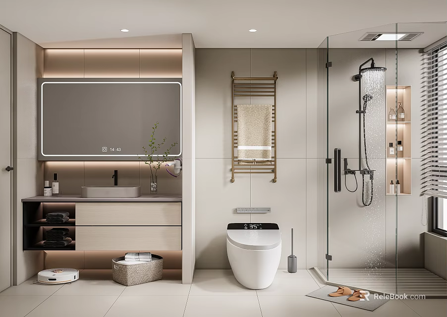 Modern Bathroom Interior Design With Large Mirror Vanity Toilet Glass Shower And Towel Rack 3d model 