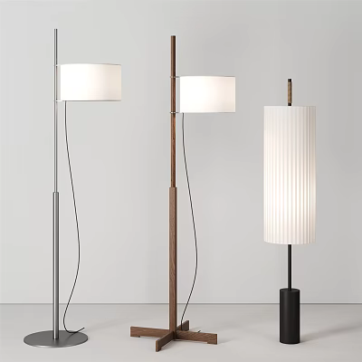Modern Floor Lamps With Silver Metal Wooden Poles And Pleated White Fabric Shades 3d model
