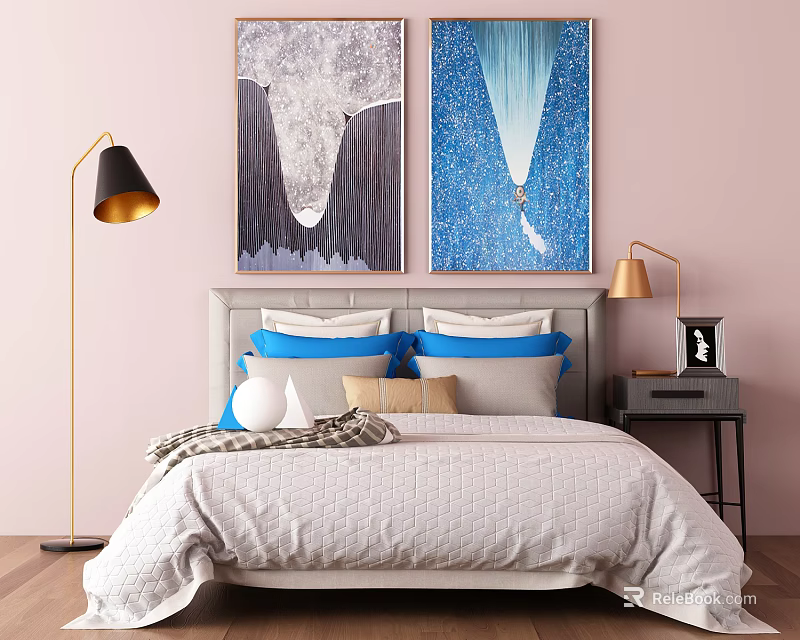Double Bed with Gray Headboard Blue White Pillows Paintings Above Nightstand Lamps Pink Wall Wooden Floor 3d model 