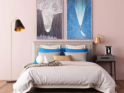 Double Bed with Gray Headboard Blue White Pillows Paintings Above Nightstand Lamps Pink Wall Wooden Floor 3d model
