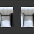 Set of Two White Striped Armchairs with Wooden Legs against Dark Background