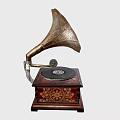 Vintage Gramophone with Ornate Horn and Wooden Base as Classic Entertainment Appliance