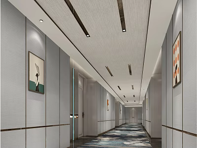 Spacious Modern Hotel Corridor With Gray Walls Wall Art Long Strip Lights And Patterned Carpet 3d model