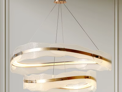 Illuminated Modern Chandelier With Double Frosted Glass Rings And Gold Metal Frame For Contemporary Interior 3d model