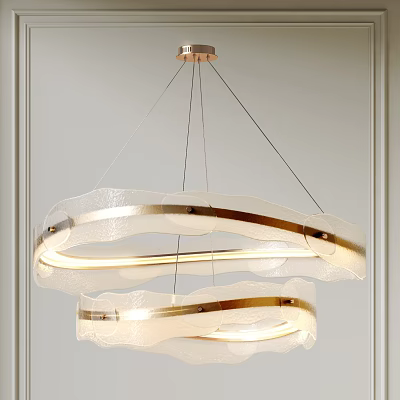 Illuminated Modern Chandelier With Double Frosted Glass Rings And Gold Metal Frame For Contemporary Interior 3d model