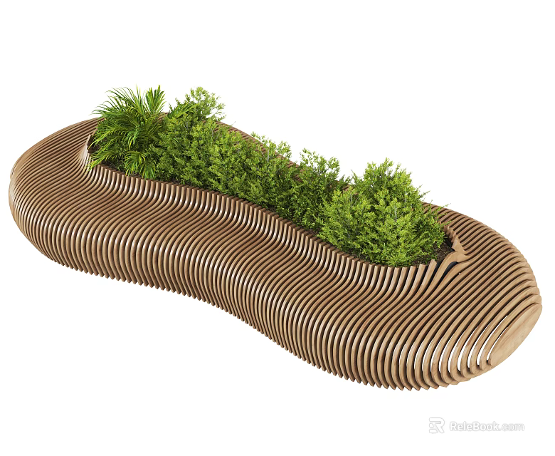 Curved Outdoor Chair With Wooden Slats And Built-in Green Plants Design 3d model 