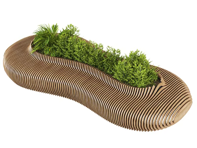 Curved Outdoor Chair With Wooden Slats And Built-in Green Plants Design 3d model
