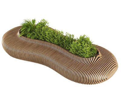 Curved Outdoor Chair With Wooden Slats And Built-in Green Plants Design 3d model