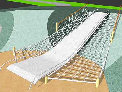 Outdoor Playground Equipment With White Slide And Metal Grid Railings On Green Brown Ground 3d model