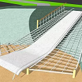 Outdoor Playground Equipment With White Slide And Metal Grid Railings On Green Brown Ground