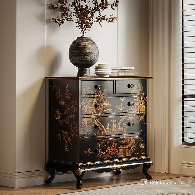 Entryway Cabinet Sideboard with Hand Painted Floral Patterns Decorative Vase Plates in Corner 3d model 