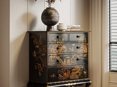 Entryway Cabinet Sideboard with Hand Painted Floral Patterns Decorative Vase Plates in Corner 3d model