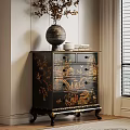 Entryway Cabinet Sideboard with Hand Painted Floral Patterns Decorative Vase Plates in Corner
