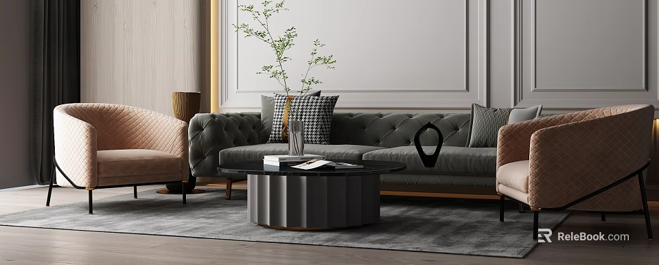 Dark Green Button Tufted Sofa Set with Plush Pillows and Round Coffee Table 3d model