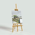 Wooden Easel with Landscape Painting and Art Supplies Including Drawing Board for Creative Artists