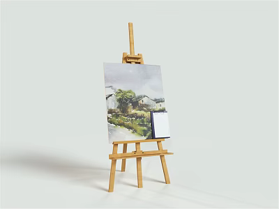 Wooden Easel with Landscape Painting and Art Supplies Including Drawing Board for Creative Artists 3d model