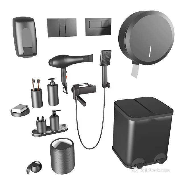 Black Modern Bathroom Accessories With Hair Dryer Soap Dispenser Toothbrush Holder Trash Bin Towel Rack 3d model 