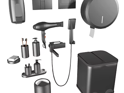 Black Modern Bathroom Accessories With Hair Dryer Soap Dispenser Toothbrush Holder Trash Bin Towel Rack 3d model