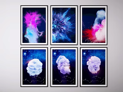 Six Colorful Smoke Nebula Decorative Wall Art with Dark Background and Black Frames 3d model