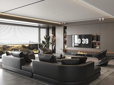 Modern Living Room Interior Design With Black Leather Sofa TV Wall Fireplace And Green Plants 3d model