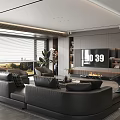 Modern Living Room Interior Design With Black Leather Sofa TV Wall Fireplace And Green Plants