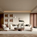 Modern Minimalist Living Room With Beige Sofa Armchair Coffee Table Floor Lamp And Herringbone Wooden Floor