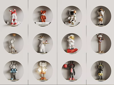 Various Decorative Dolls On Round Display Shelves With Unique Designs 3d model