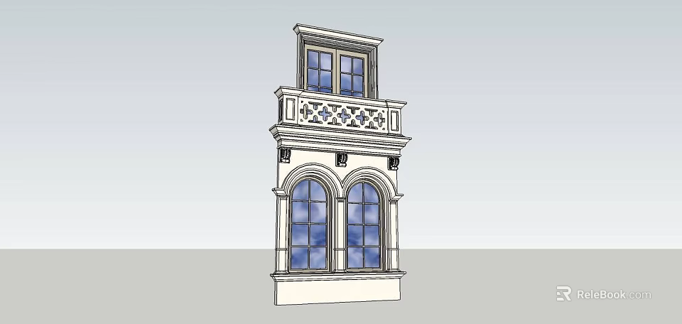 Classical Building Facade With Arched Windows And Upper Ornate Balcony Railings 3d model 